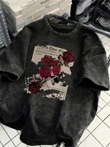 Women's Summer Rose Newspaper Print Short Sleeve Top, Comfortable Beach Vacation Wear, Ideal for Outdoor Activities, 2 Pack