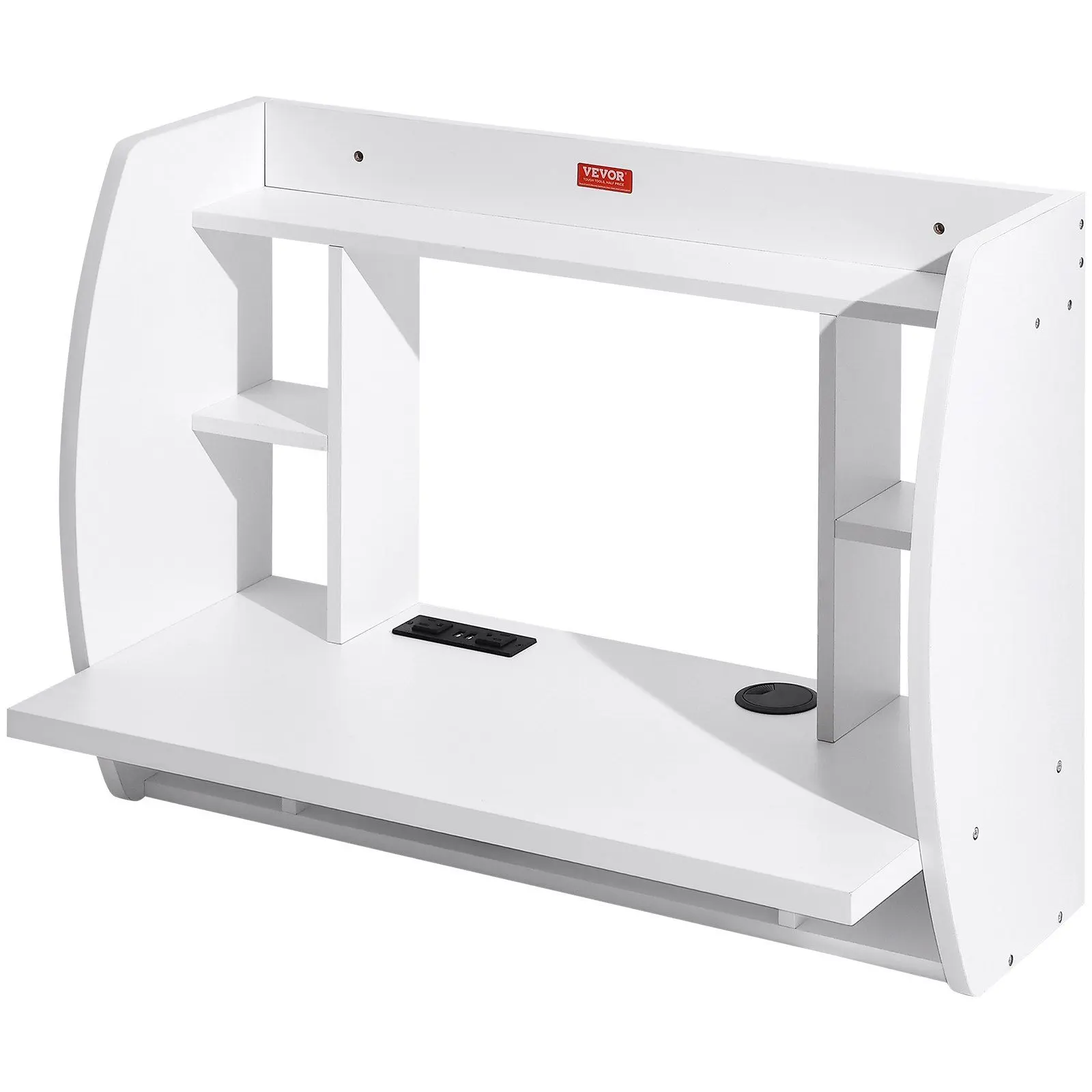 VEVOR Wall-Mounted Floating Desk with Floating Shelf, Durable Particle Board, Extra Screw, Power Socket, 70.9in Power Cord, Stain Resistant Smooth Top, Storage System Shelf, Waterproof Surface, Supports Up to 100 lbs for Home Office