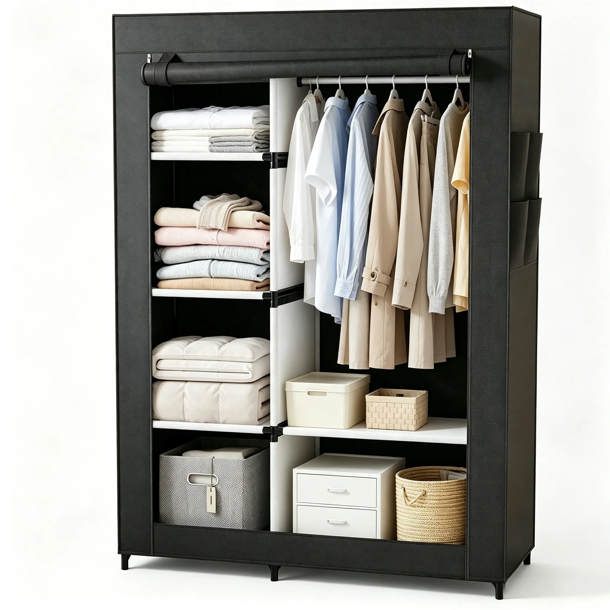 Portable Closet Wardrobe with Cover, 40 inch Heavy Duty Clothes Storage Organizer with Shelves and Hanging Rod for Bedroom, Living Room, Entryway,Black
