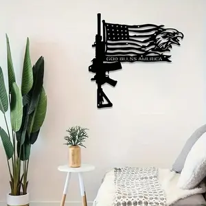 American Flag Gun Metal Wall Art, American Eagle Metal Flag Wall Decor, Gun Wall Decor, God Bless America Metal Wall Art, 4th of July Decor, Living Room Wall Decor, Patriotic Gift (Black, 12"x12")