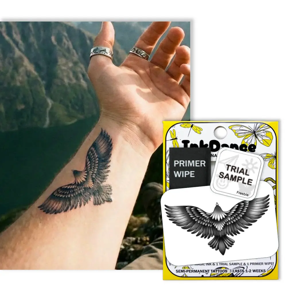 InkDance Semi-Permanent Tattoo, Soaring Freedom Eagle, Long Lasting Temporary Tattoos, Waterproof Plant-Based Ink, Lasts 1-2 Weeks, Color Develops in 24 Hours X029