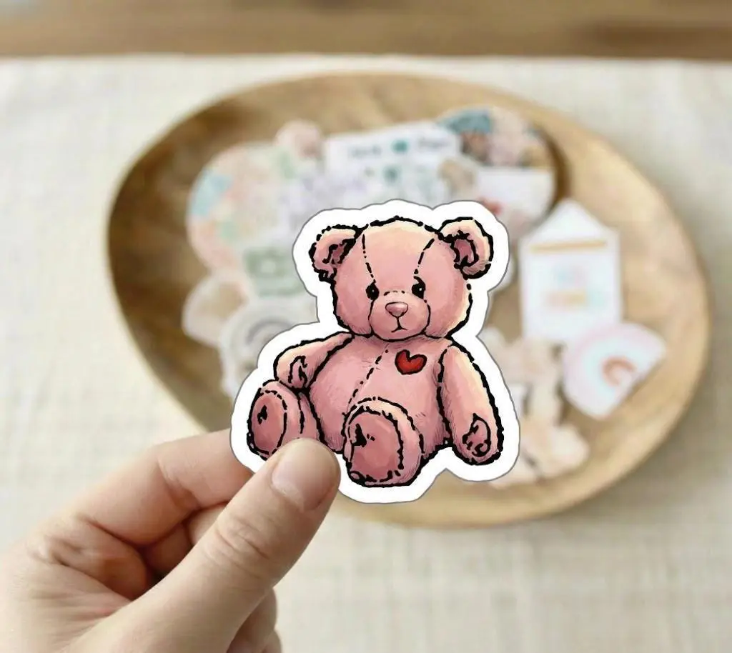 Pink Teddy Bear Vinyl Sticker | Vintage Style, Cozy