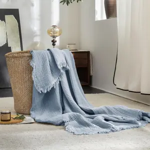 Muslin Blanket with - 4-Layer 100% Cotton Gauze Soft & Breathable Throw -Lightweight Decorative Cooling Blanket for Bed, Sofa, Office (Cornflower Blue, Twin XL (66" * 90"))