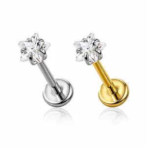 Star Shaped Nose Stud, Titanium Labret Stud Earrings • Conch/Tragus/Helix/Cartilage Studs • Flat Back Earrings • Nose Studs •  Gold filled Threadless Nose Studs