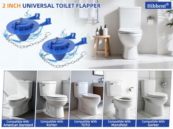 Hibbent Universal 2 Inch Toilet Flapper Compatible with American Standard, Kohler, TOTO, Gerber Toilets Tank, Water Conserving Toilet Flapper Replacement with Stainless Steel Chain, Blue