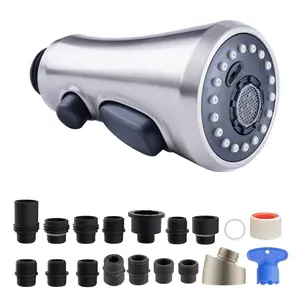Pull Down Spray Head for Kitchen Faucet, 3-Function Spray Nozzle with 15 Adapters, Sink Faucet Head Replacement Compatible with Moen, American Standard, Delta, Kohler Faucets, Brushed Nickel
