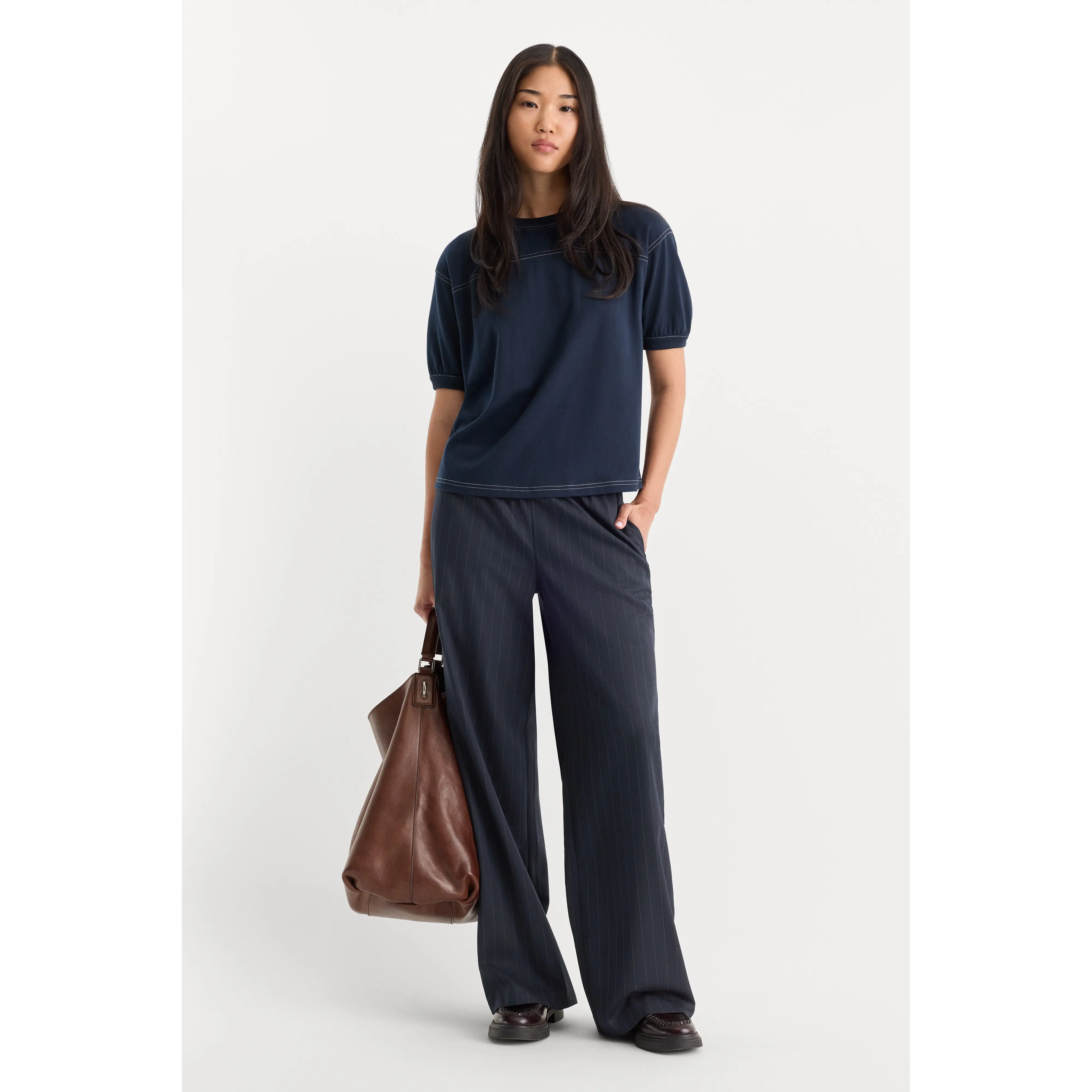 THE PULL ON TROUSER | NAVY PINSTRIPE
