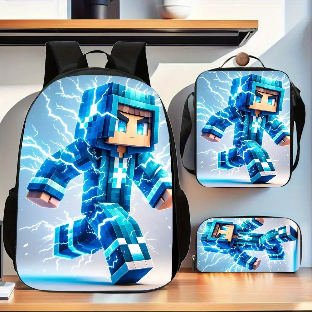 Kids' 3-Piece Durable Water-Resistant Backpack Set, Lightweight Gradient Blue Lightning Minecraft-Style Pixel Character Running Block Game Cartoon Print School Bag with Lunch Box