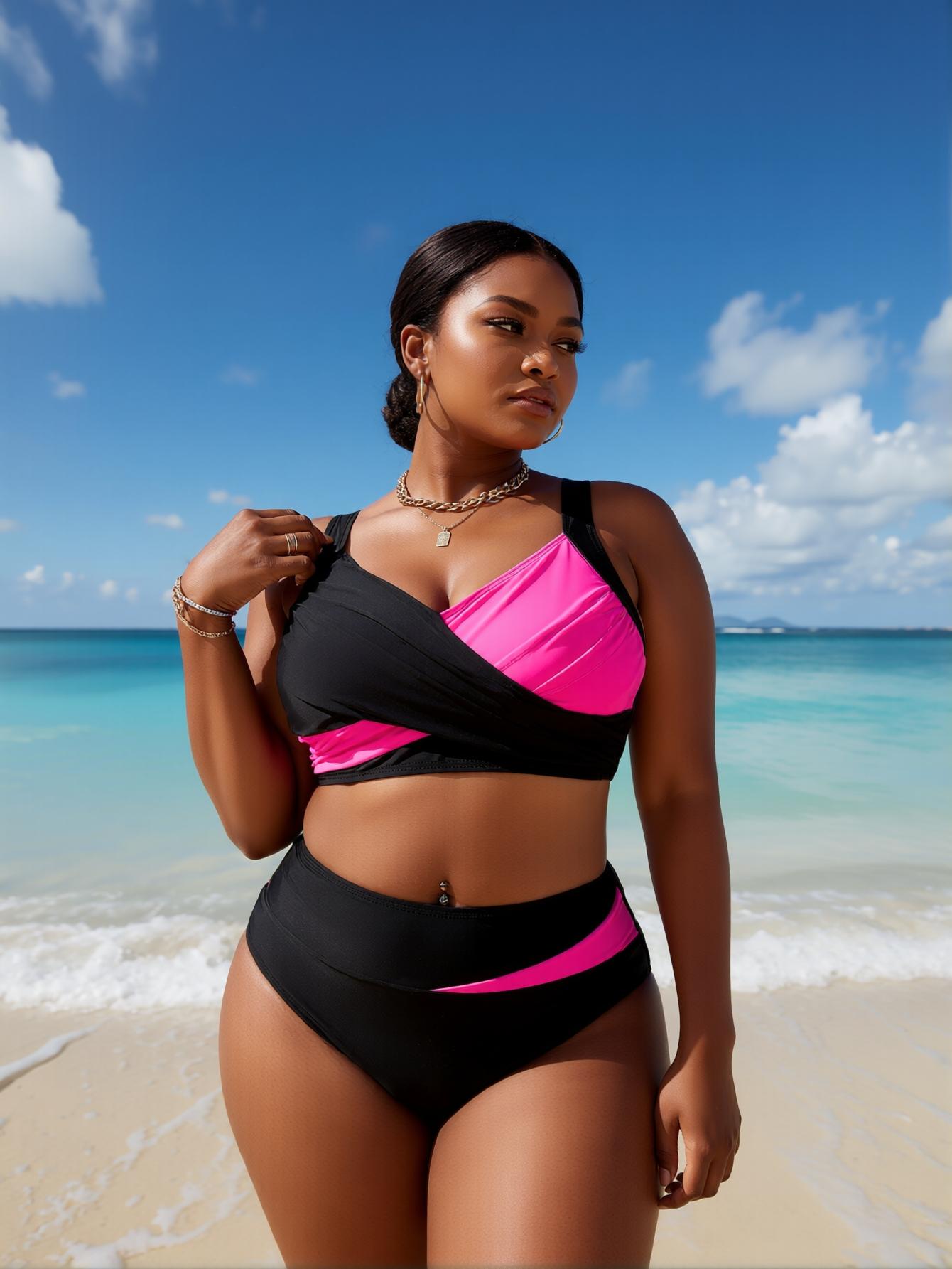 Casual Plus Size High Waist Two Piece Bikini Set Black Pink Color Block Tropical Style Beachwear