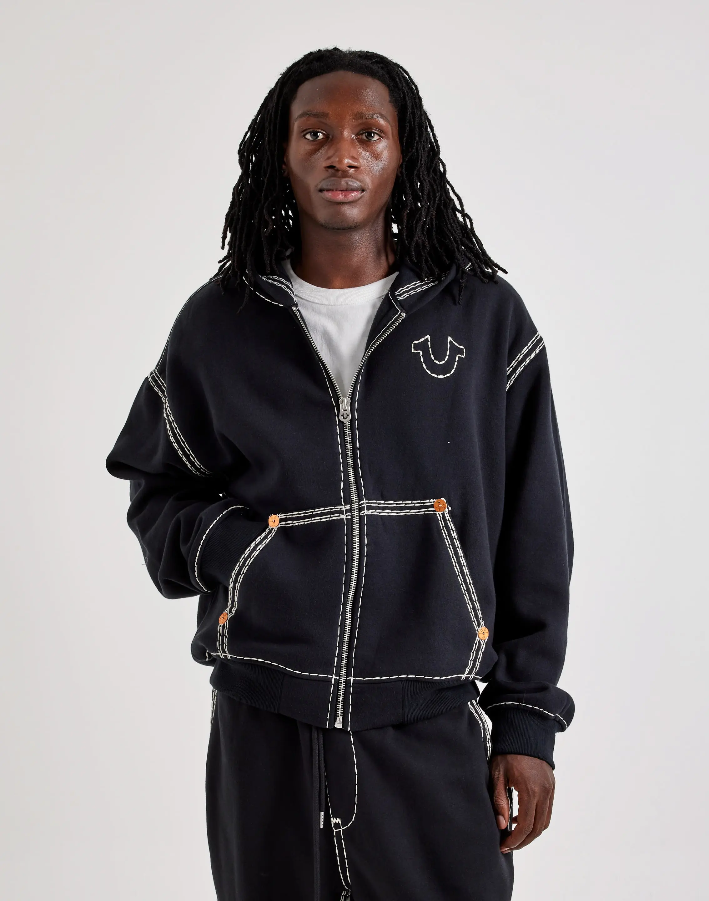 Mens True Religion Super QT Cinched Full-Zip Fleece Hoodie