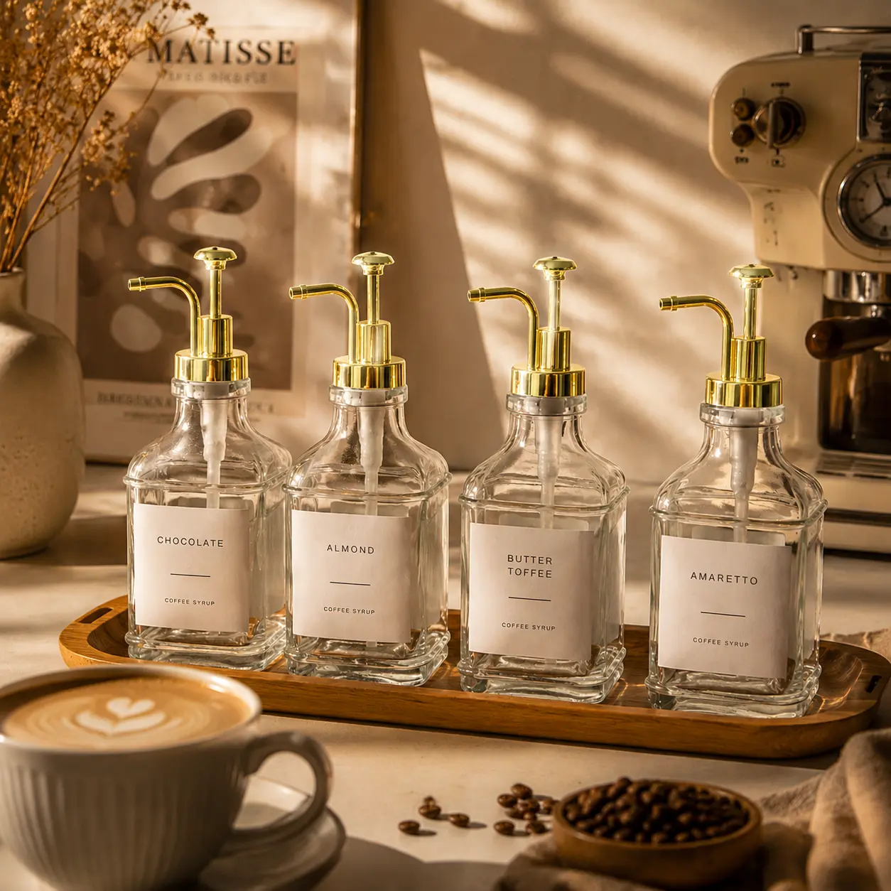 4-Pack Square Aesthetic Glass Syrup Dispenser Set with Gold Pumps, Labels, 16.9oz Coffee Container for Syrup, Honey, Sauce, Coffee Bar Organizer Accessories