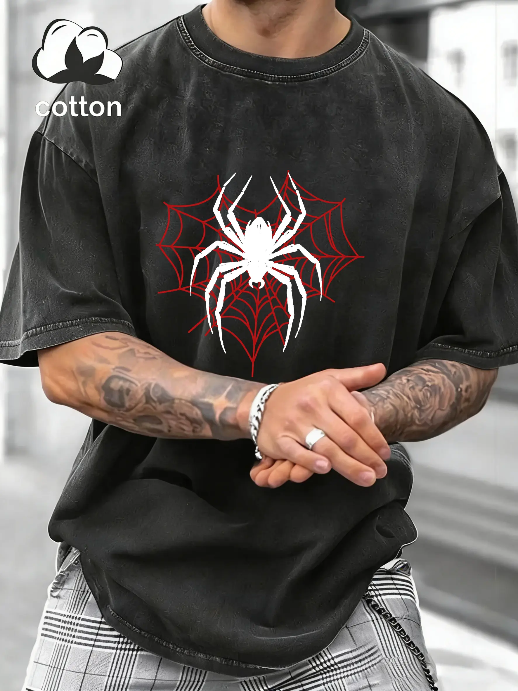 Men's Vintage Washed Cotton Fabric Oversized Unisex Short-Sleeve Spider Graphic Black Retro T-Shirt for Streetwear, Edgy Urban Looks, Shortsleeve, Menswear