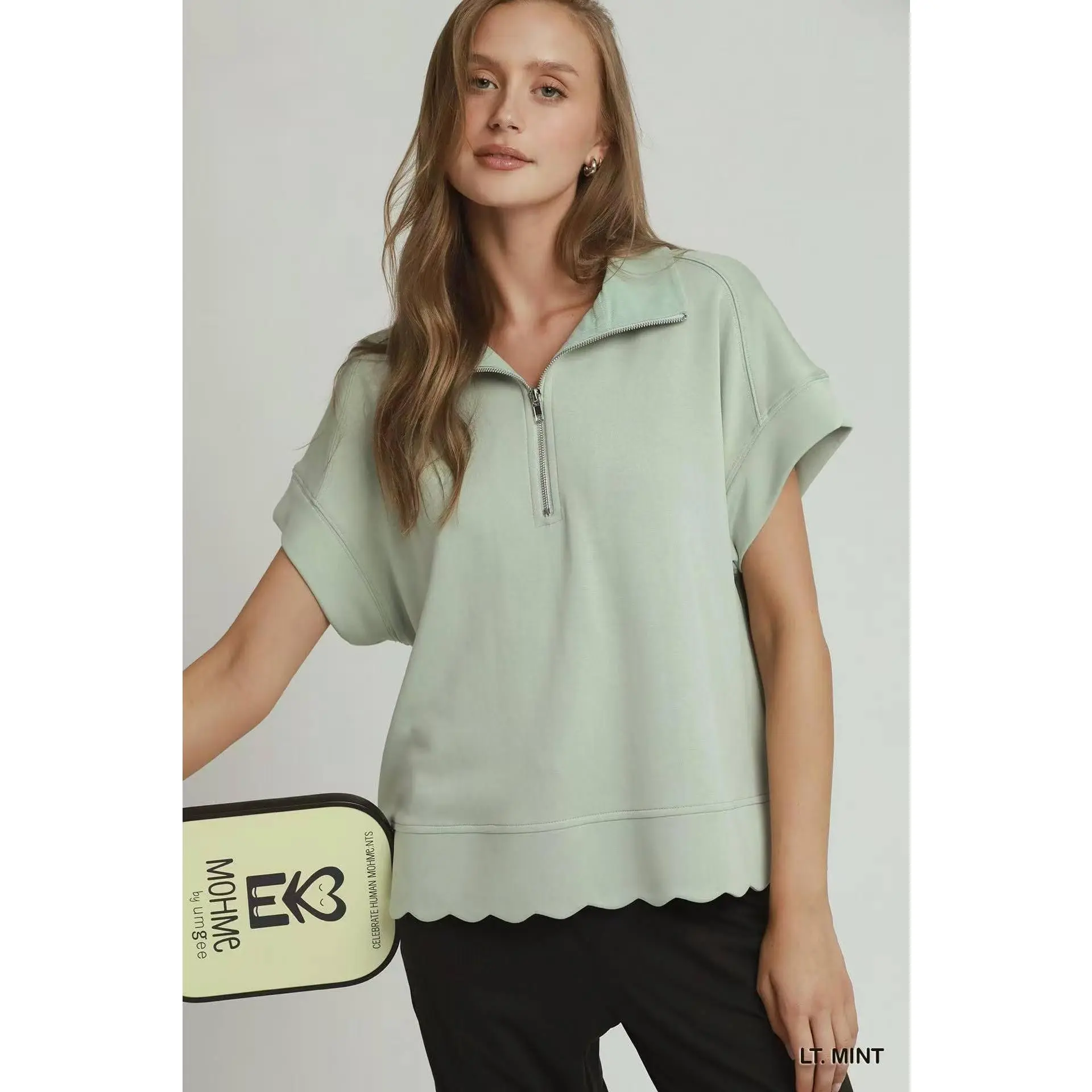 Umgee Half Zip Pullover with Scalloped Edge Hem