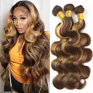Vinisay Highlight Blonde Human Hair Bundles P4/27# Color Body Wave Bundles Ombre Honey Brown Human Hair Unprocessed Brazilian Virgin Bundles Quick Weave Human Hair Extensions