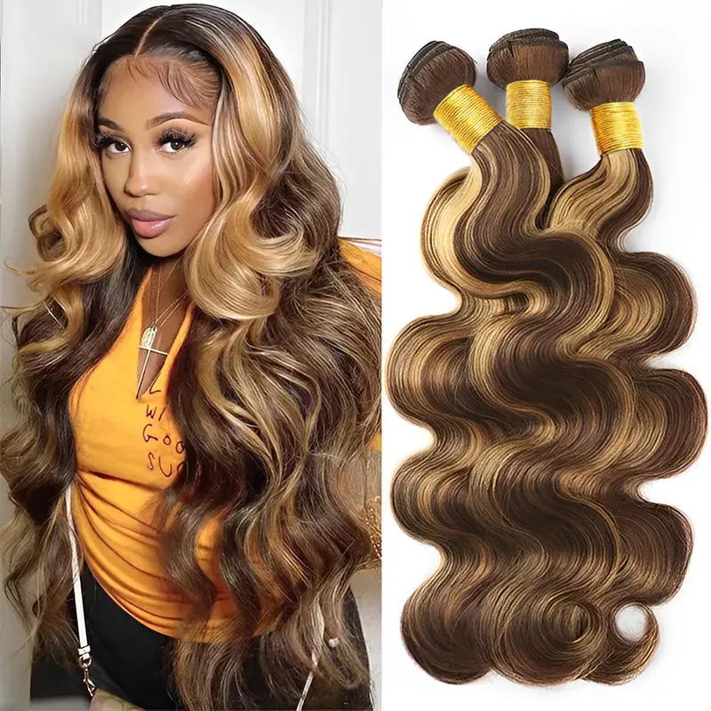 Vinisay Ombre Highlight Body Wave Bundles Human Hair Honey Blonde 3 Bundles Human Hair Soft and Healthy 100% Unprocessed Brazilian Virgin Remy Hair Double Weft for Women p4-27