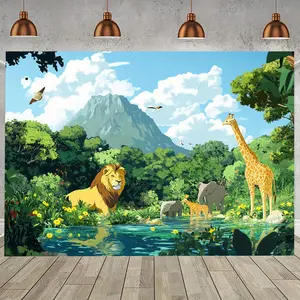 Vibrant Safari Animals Party Banner - Polyester Classroom & Office Decor, Festive Photo Booth Prop with Lush Greenery, Mountains & River Reflections, Perfect for All Seasons, Jungle Theme Decorations Ornaments White