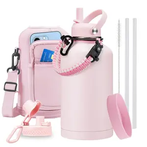 Insulated Water Bottles 32oz/40oz/64oz with Straw & Flip Auto Lid, BPA-Free, Stainless Steel Water Bottle Shoulder Carrier Bag, Metal Water Bottle with Handle Paracord