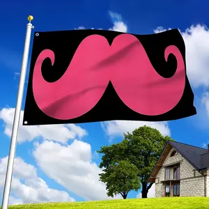 2x3ft / 3x5ft Pink Curly Mustache Flag - Funny Black Background Banner for Outdoor Yard & Home Decor