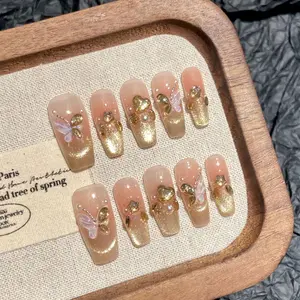 10Pcs Press on Nails Medium Almond Fake Nails with 3D Pearl Gold Beads Designs Stick on Nails 3D Flower Butterfly False Nails Spring Summer Acrylic Nails Silver Star Glue on Nails for Women