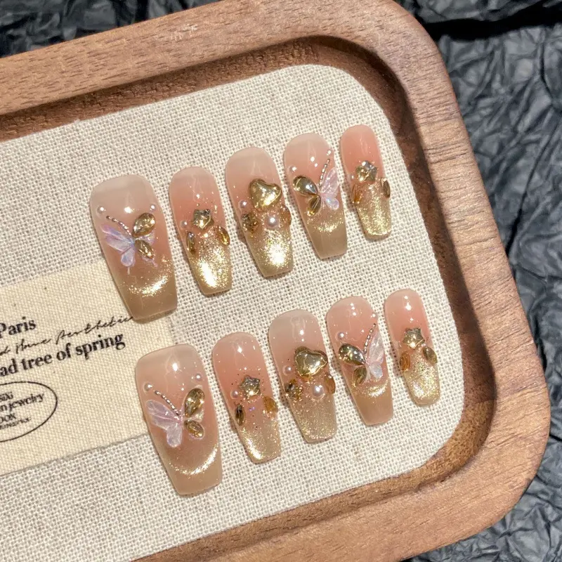 10Pcs Press on Nails Medium Almond Fake Nails with 3D Pearl Gold Beads Designs Stick on Nails 3D Flower Butterfly False Nails Spring Summer Acrylic Nails Silver Star Glue on Nails for Women