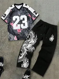 Men's High Street Style V-Neck Short Sleeve Jersey Set, Dragon Cherry Blossom Print, 23 Number, Two-Piece, Straight Leg Sweatpants
