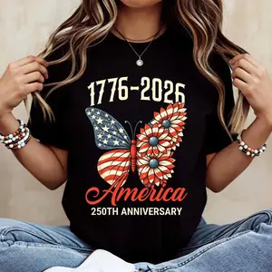 Butterfly American Flag 1776 2026 250th Anniversary Cotton T-shirt Unisex Crew Neck Casual Loose Fit For Daily Wear And Outdoor Activities All-Season Comfort Heavyweight 100 Percent Cotton