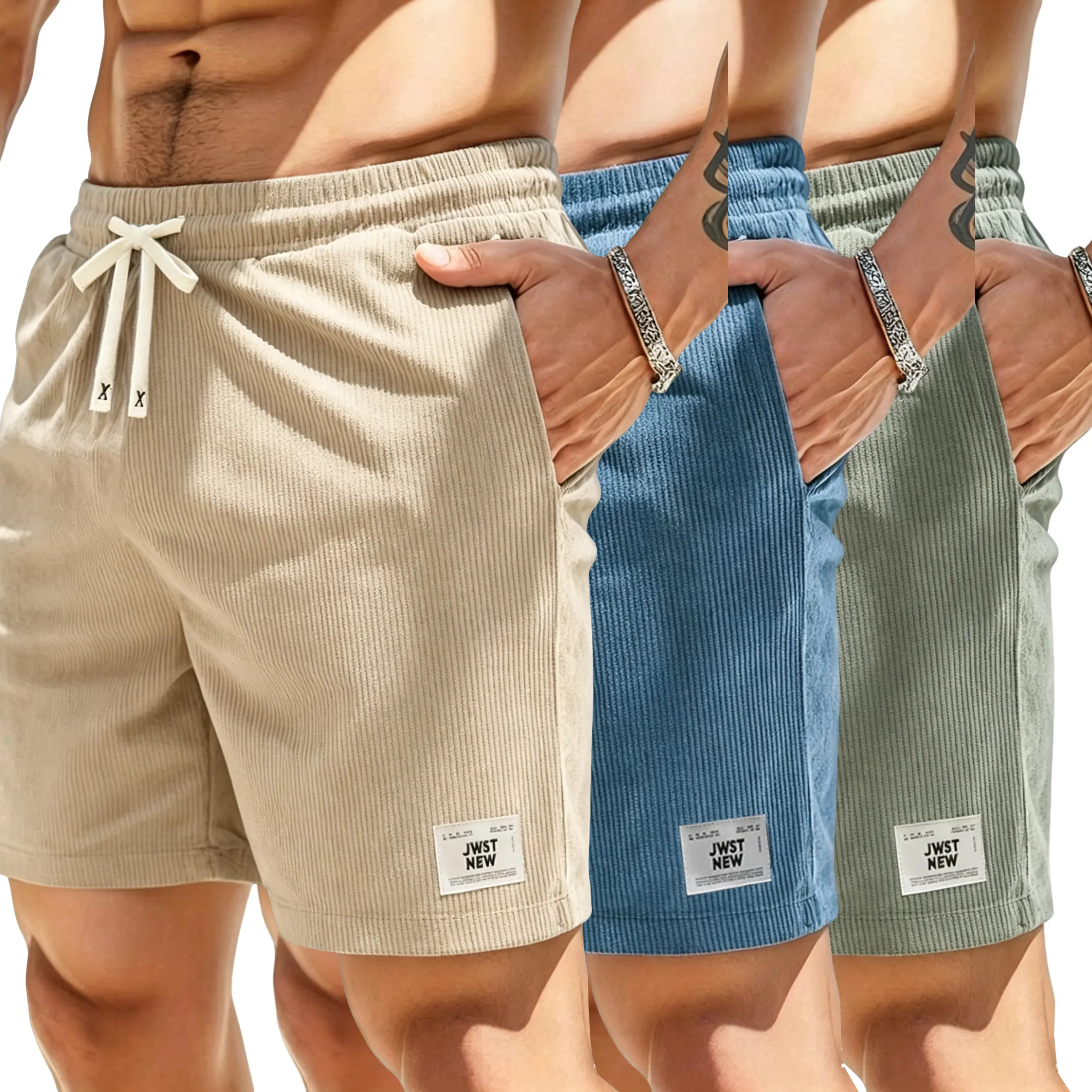 Men's 3-Pack Textured Corduroy Shorts - Chic Men's Shorts with Letter Patch Details, Drawstring Waist, Activewear Sportswear for Athletic Day Wear, Sporty Chic Menswear Bottoms