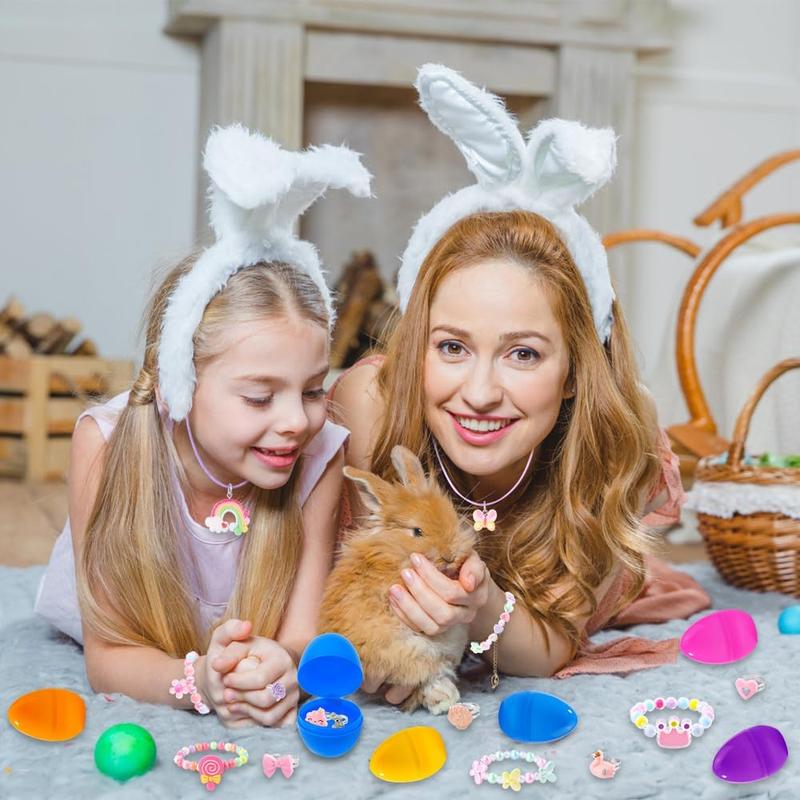 12 Pack Prefilled Easter Eggs with 36 pcs Cute Bracelets Necklaces Rings Easter Basket Stuffers Egg Fillers for Girls Party Favors Kids Toddler Presents