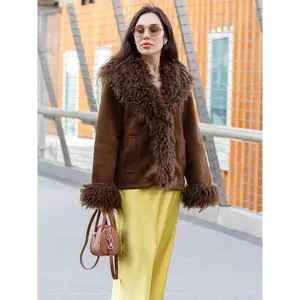 Women's Winter Jacket Faux Leather Coat with Artificial Fur Trim, Oversized Collar and Cuffs, Plush Comfortable Outerwear