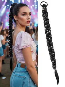 Braided Ponytail Extension, Heat Resistant Silk Hair, Sparkling Rhinestone & Silver Color Wire Decor, Easy to Wear, Ideal for Parties
