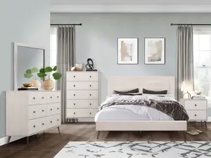 Favorer Lattice Upholstered Panel Bed - Box Spring Require, 2 Drawer Nightstand, 6 Drawer Dresser, Dresser Mirror, 5 Drawer Chest