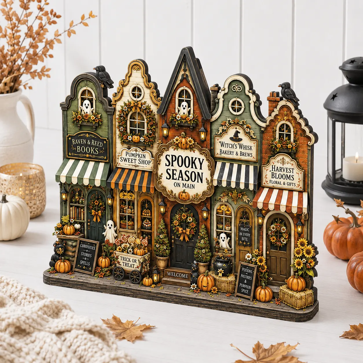 2D Halloween Village Wooden Sign - 1-Side Printed, Spooky Season Main Street Decor, Vintage Halloween Decor, Pumpkin Ghost Fall Shelf Sign, Rustic Tiered Tray Home Gift for Halloween