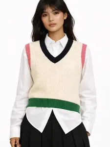 Forever 21 Women's Colorblock V-Neck Poly-Cotton Aesthetic Sweater Vest, Casual Cropped Knit Piece with Contrast Ribbed Trim - Sleeveless or Long Sleeve, Retro Preppy Top for Standard Sizes