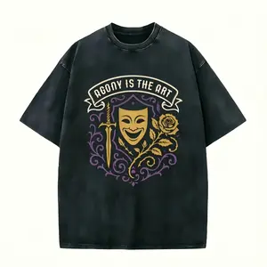Dark Agony Is the Art theater tee. Smiling mask with sword & rose in purple swirls on washed black cotton. Perfect for emo & drama lovers. Unique washed fabric—shop before it’s gone! #agonyistheart #emovibes