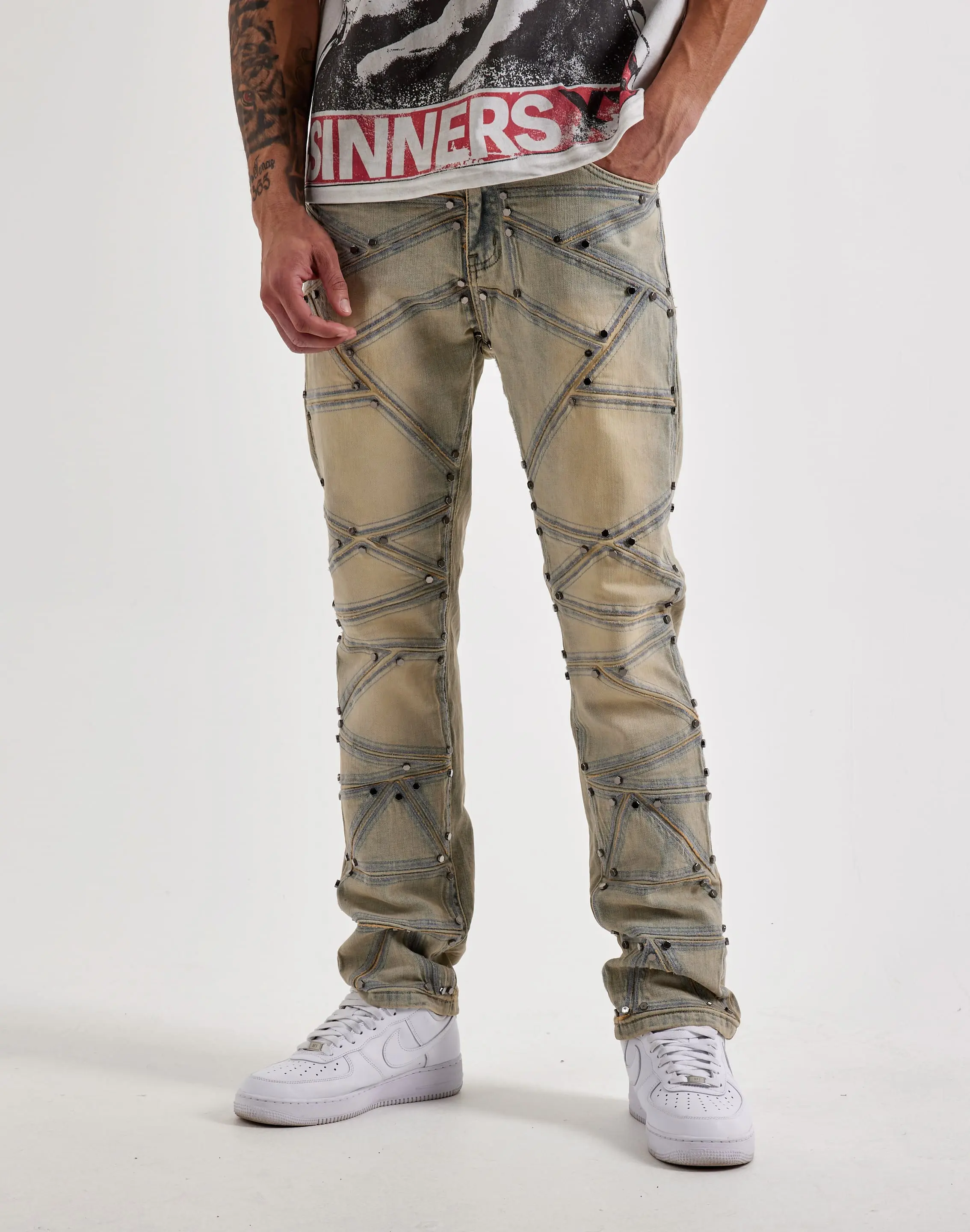 Mens WAIMEA Geometric Stitch Studded Denim Jeans