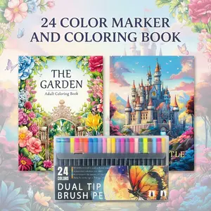24-Color Markers Set - Garden & Castle Themes Coloring Book for Beginner - High-Quality, Smooth & Vivid Designs - A4 Size, Saddle Stitch Binding - Perfect for Relaxation, Stress Relief, Mindfulness, Artwork, Gift for Adults - Ideal for New Year & Holidays