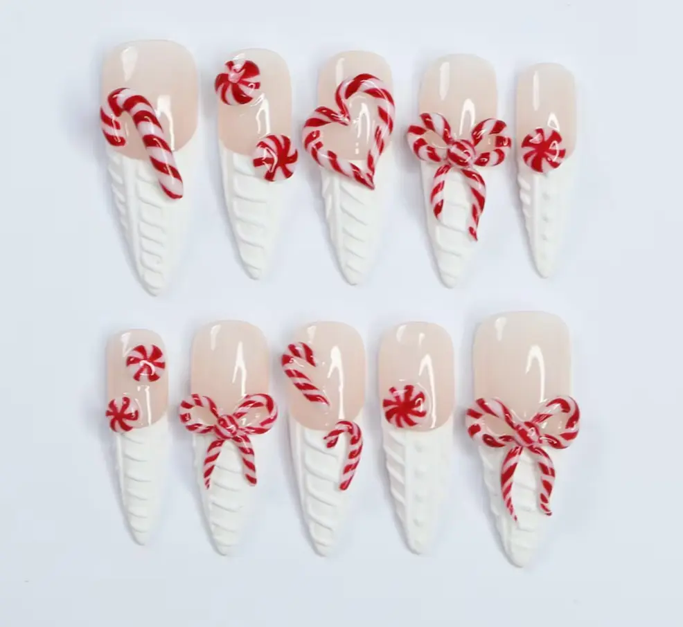 Candy Cane Christmas Press On Nails, Long Stiletto Sweater Texture Peppermint Bow Nails, Sweet Holiday Nail Set, Gift for Her