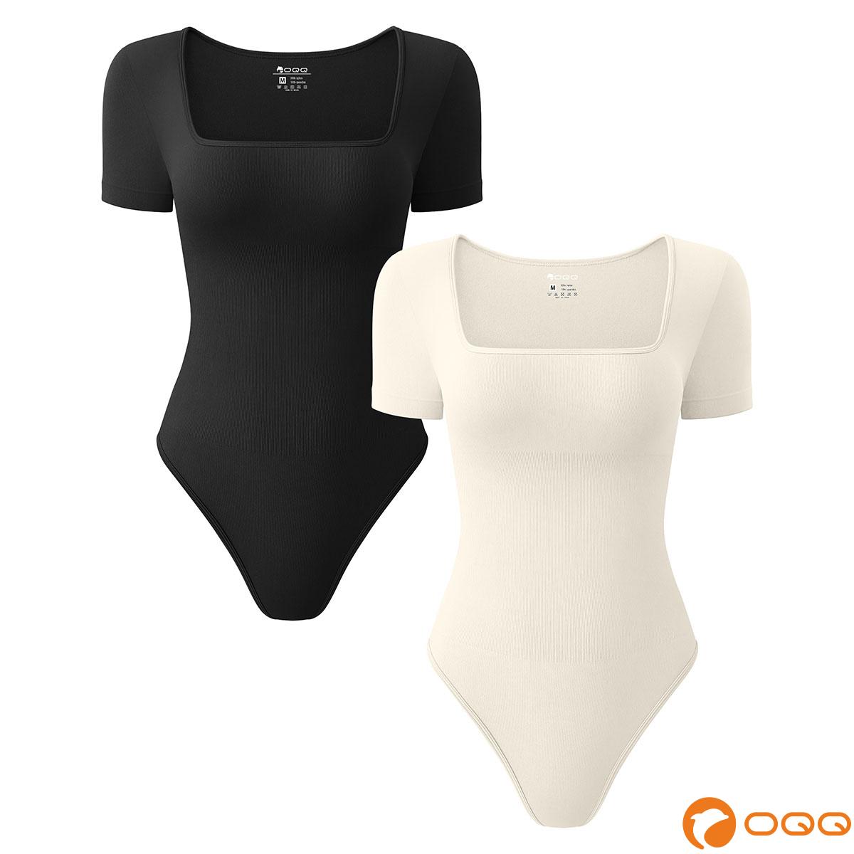 OQQ Women's 2 Piece Bodysuits Sexy Ribbed Square Neck Short Sleeve Bodysuits Trendy,summerwins,summeroutfits,vacationoutfits,beachoutfits