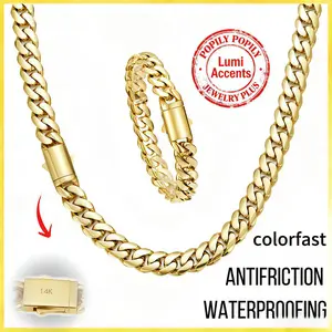 [Set] 2PCS 14K Gold Vacuum Plated Stainless Steel with Copper Black "S" Clasp Miami Cuban Link Chain 6–14mm Necklace & Bracelet Italy/Mexico Micro Inspired Unisex Luxury Jewelry for Women & Men Daily Wear Mother's Day and Father's Day Gifts