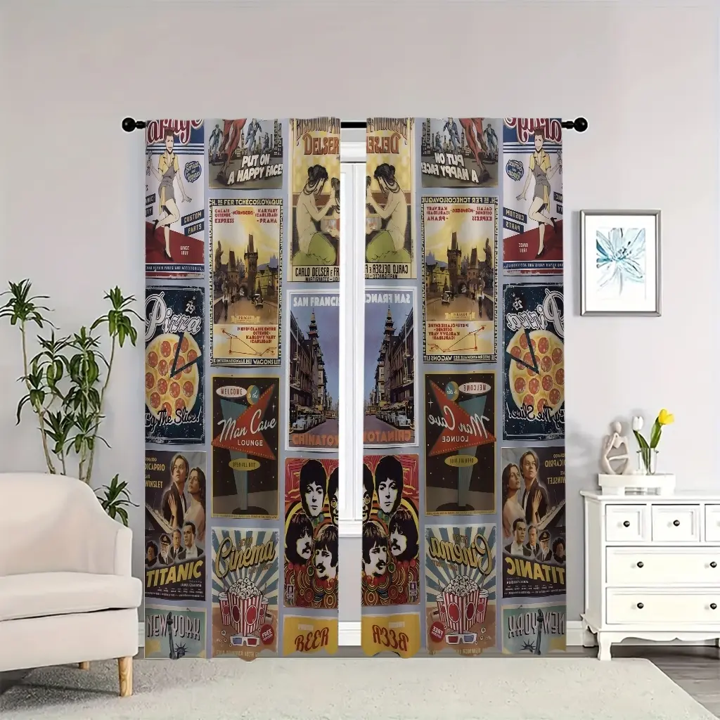 Retro posters, movie elements, cityscapes, themed decorations; double-sided blackout curtains, suitable for living rooms, bedrooms, and apartments; perfect for decorating in the new year.