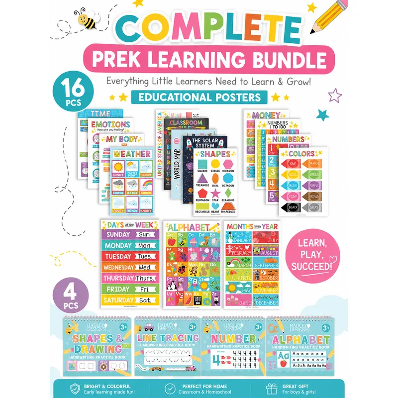 Hadley Designs Preschool Learning Bundle for Ages 3-7 - Set of 16 Educational Posters & Magic Grooved Handwriting Copybook Set