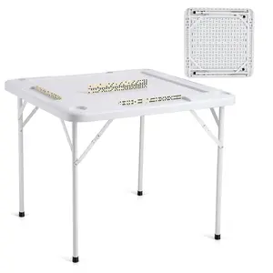 【fathersdaygift】VEVOR Mahjong Table, Square 4 Player Folding Card Table with 4 Cup Holders & 4 Chip Trays, Portable Domino Game Table with 1 Set of Dominoes for Mahjong Poker Puzzles, 35.4 x 35.4-inch, White