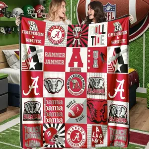 Alabama Crimson Tide Patchwork Blanket, High-Weight Flannel Fabric, Soft and Warm, Anti-Wrinkle, Easy Clean, Ideal for Fans and Football Lovers, Slogan Print Blanket