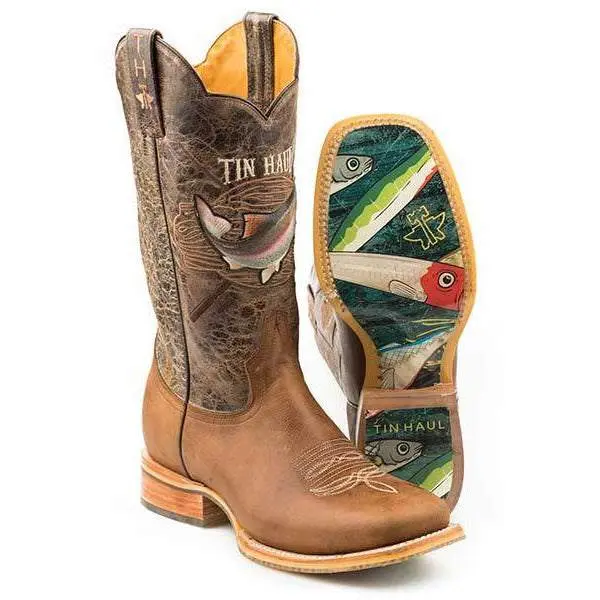 Men's Tin Haul Alpha Angler Boots with Fishing Lure Sole Handcrafted Brown