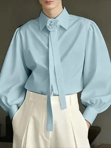 INCERUN Stylish Men Shirt Flower Solid Color Lapel Long Sleeve Casual Men Clothing Loose Fashion Streetwear Male Shirts