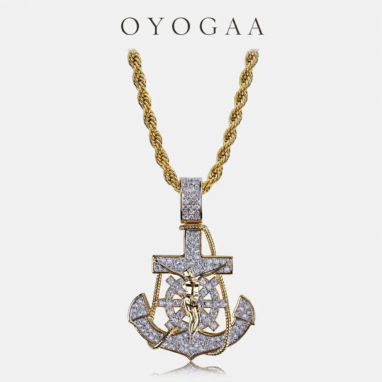 OYOGAA 14K Jesus Anchor Pendant rope chain Hip Hop Necklace Fashion jewelry