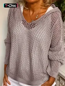 Lightweight Women's Hollow Out Loose Casual Hooded Sweater Long Sleeve, Spring & Fall Fashion, Plain Pattern, Relaxed Fit, Knitwear
