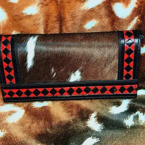 Wallet with red black checkered and cowhide