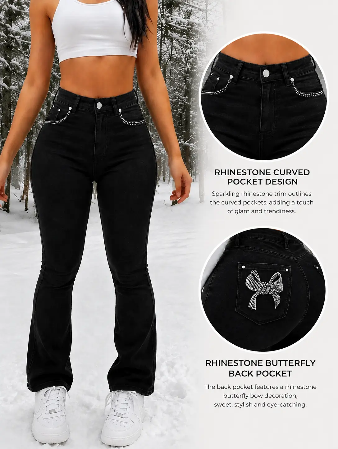 Women's High-Waist Slim-Fit Black Flare Denim Jeans, Rhinestone-Decorated Pocket Openings, Sparkly Bow-Embroidered Back Pockets, Stretch Curvy-Shaping Boot-Cut Trousers