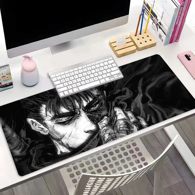 Black White Dark Tough Guy Gothic Manga Design Large Gaming Mouse Pad,Aesthetic Desktop Decoration Pad,Washable Rubber Pad Non-Slip Lock Edge Multi-Size Mouse Pad Suitable For Home Office,Good Gift for Family and Friends